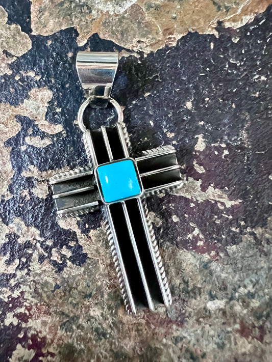 Native American Handmade by Darrell Yazzie- Sterling & Turquoise Cross Pendant 2” x 1”