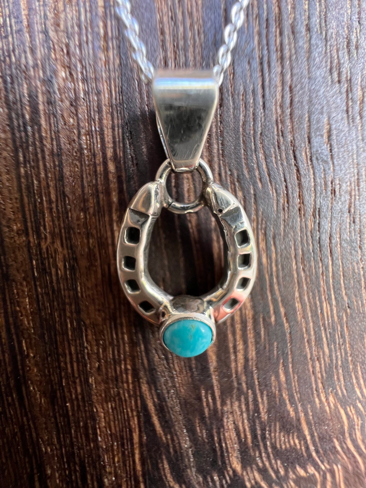 Handmade Turquoise Horse Shoe Pendant on a Sterling Rolo Chain Necklace 18”