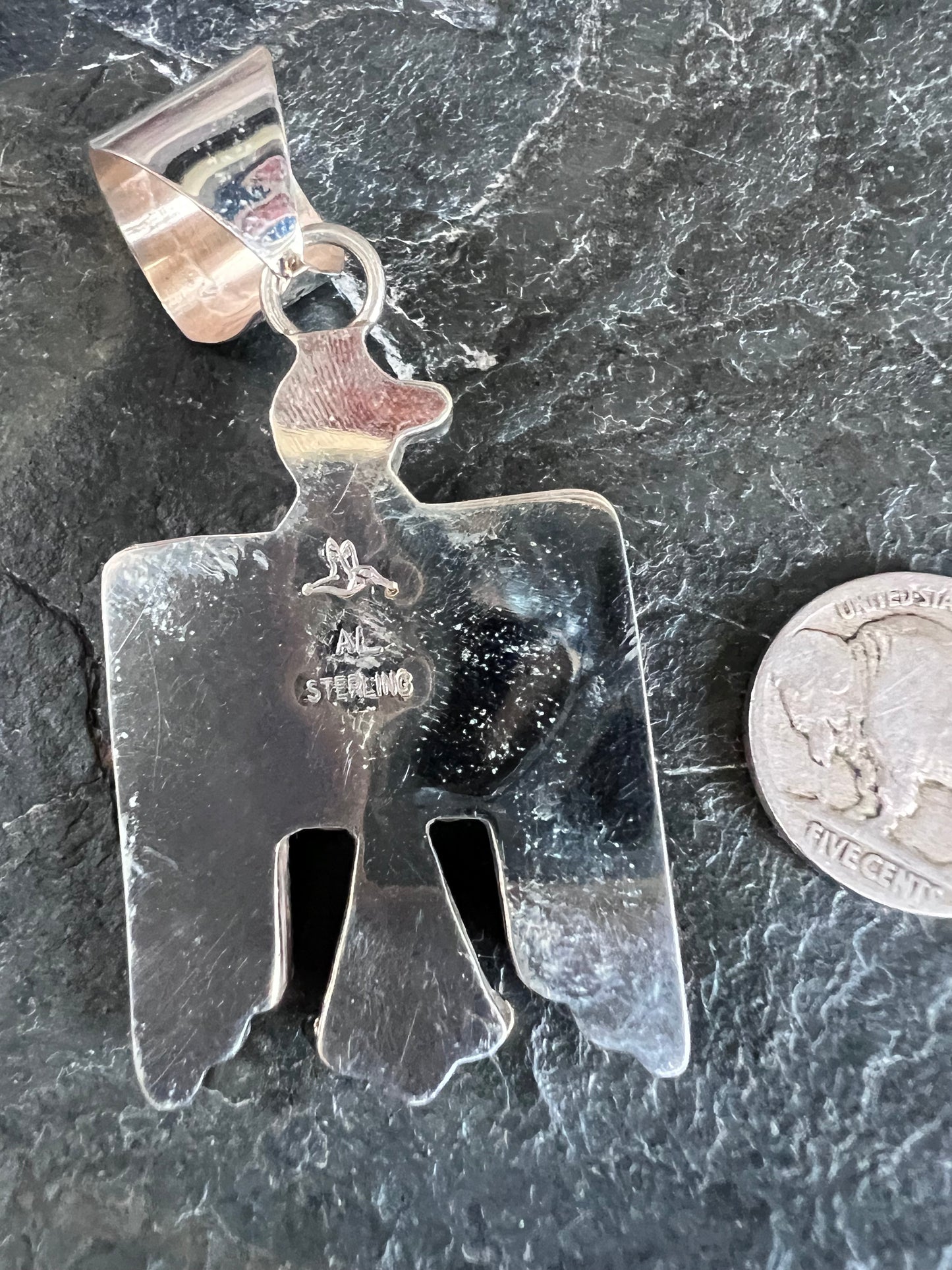 Native American Handmade Sterling Silver 2-tone & Turquoise Thunderbird Pendant 2.75”x 1.25”