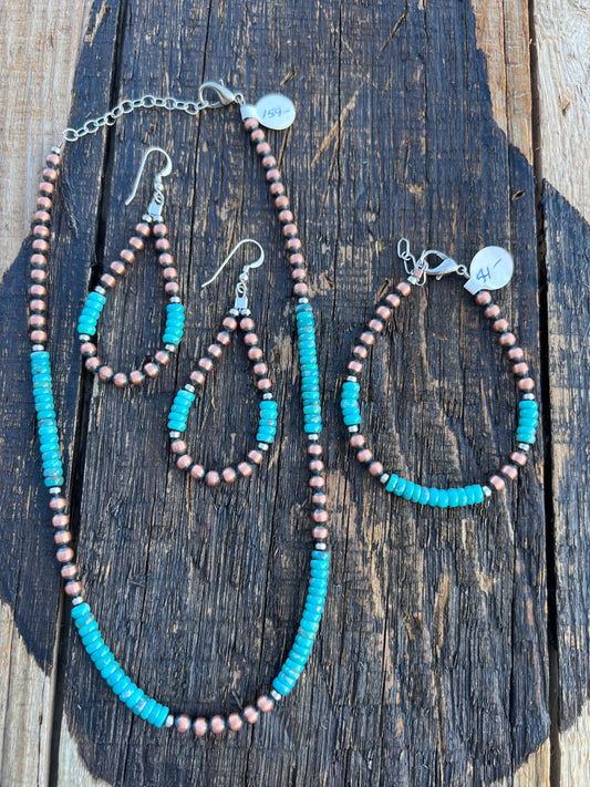 Copper, Sterling & Tyrone Turquoise Bead 5mm Necklace 16”, Bracelet 6-7” & Earrings 3” SET