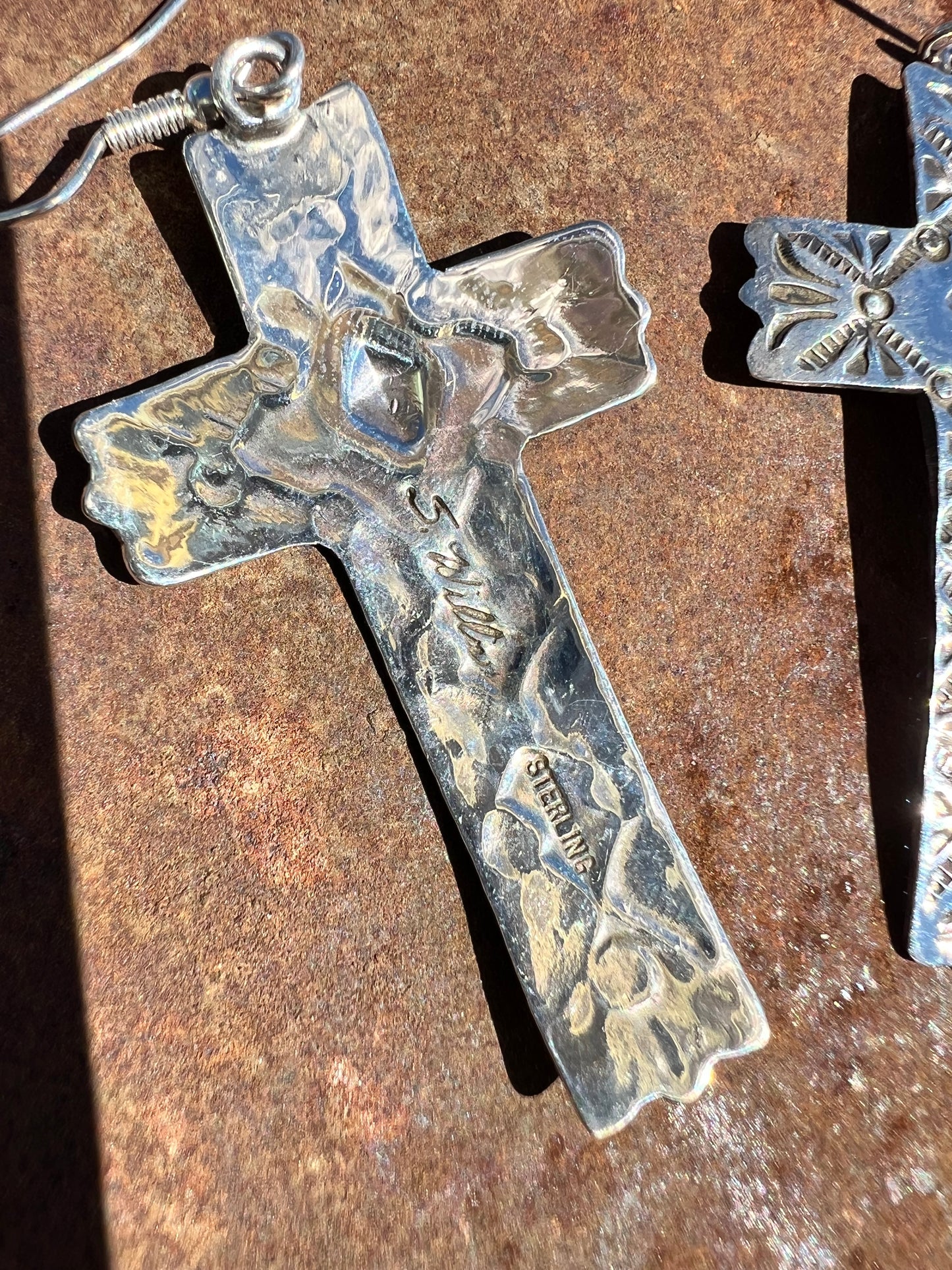 Navajo Handmade by SHAMINIKA WILLIE. Sterling Silver Stamped/Repousse Dangle Cross Earrings