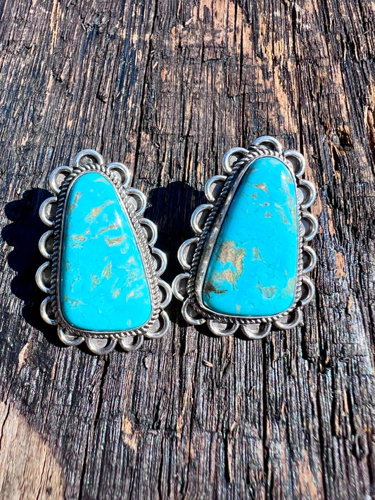 Native American Handmade Sterling & Carico Lake Turquoise Post Earrings 1 3/8” x 7/8”