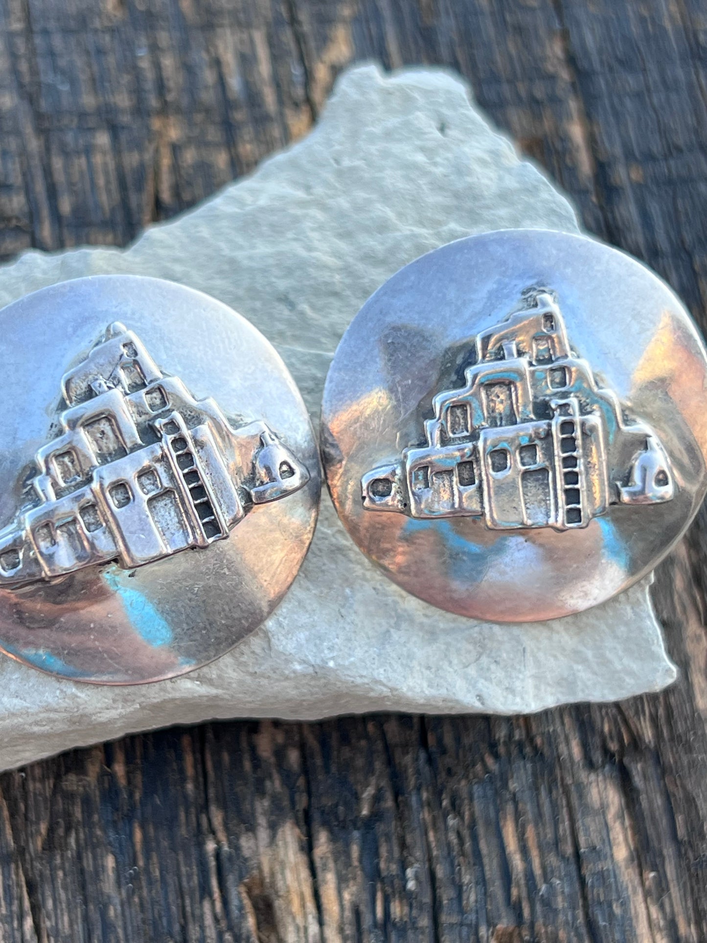 Vintage Southwest Sterling Adobe Pueblo Post Concho Earrings- Handmade by Carol Felley 1.25”