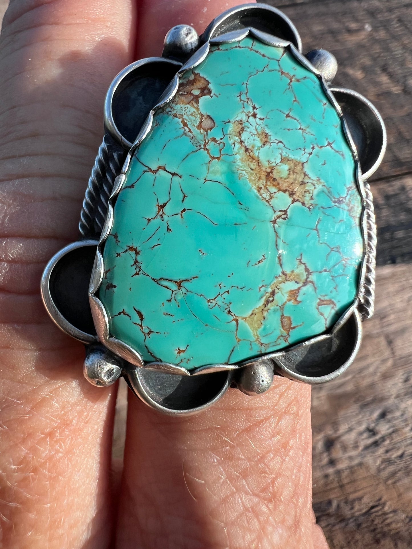 Native American Handmade by Miranda Willie. Sterling & Royston Turquoise Ring Sz Adjustable