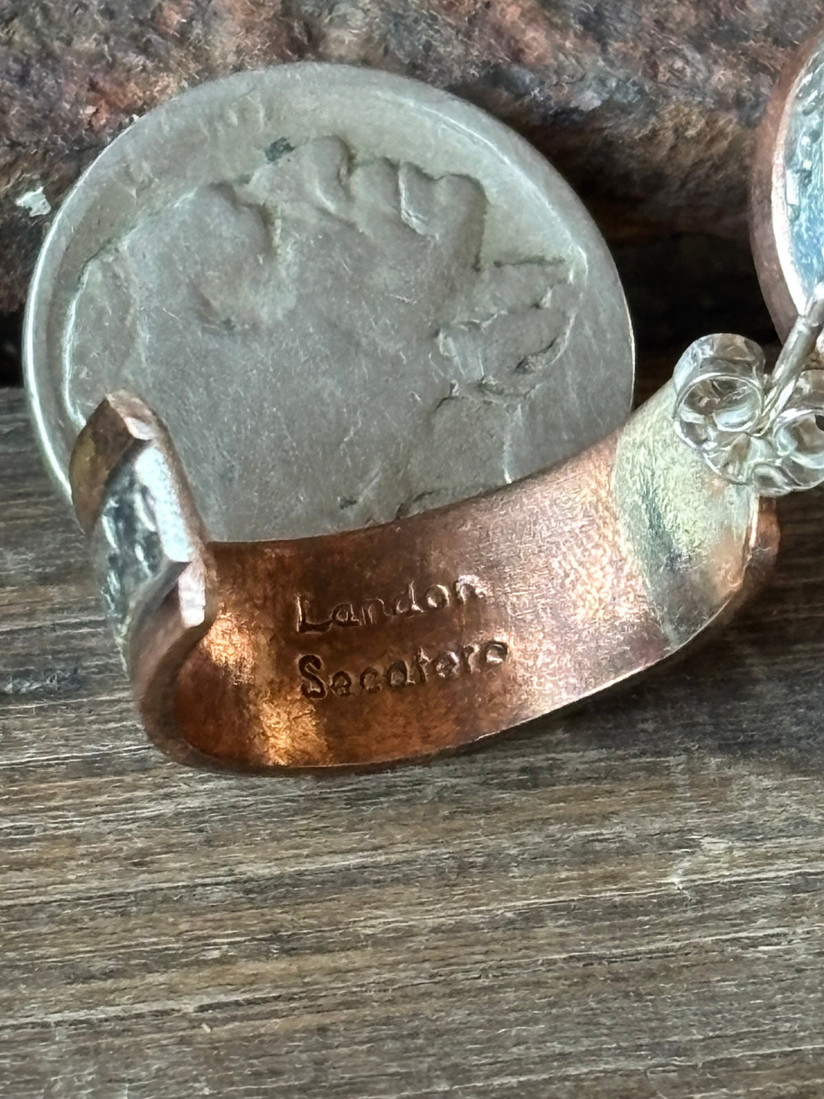 Native Handmade by Landon Secatero- Copper & Sterling Stamped Post Half-Hoop Earrings 1”