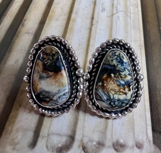 Native Navajo Handmade by Dustin Calvin. Sterling & New Lander Variscite Post Earrings 7/8”