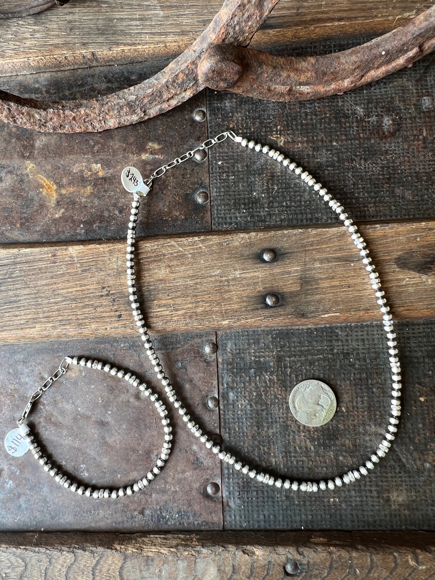 Southwest Machine-made Sterling Silver Bead/Crystal Necklace 16”-18” & Bracelet 7”-8” Set