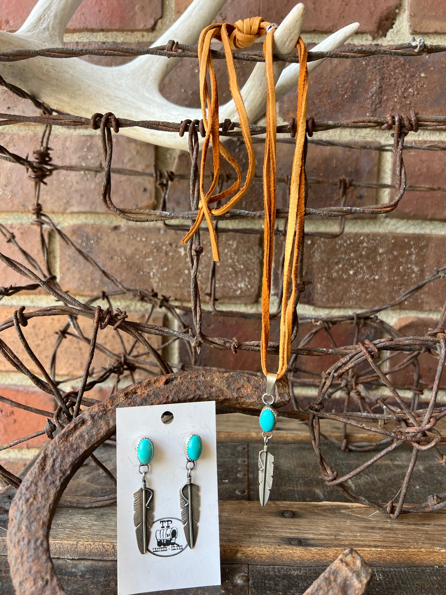 Navajo Handmade by Chris Charley Sterling Silver Feather with Sonoran Turquoise post dangle earrings& Pendant Deerskin Lace Necklace Set