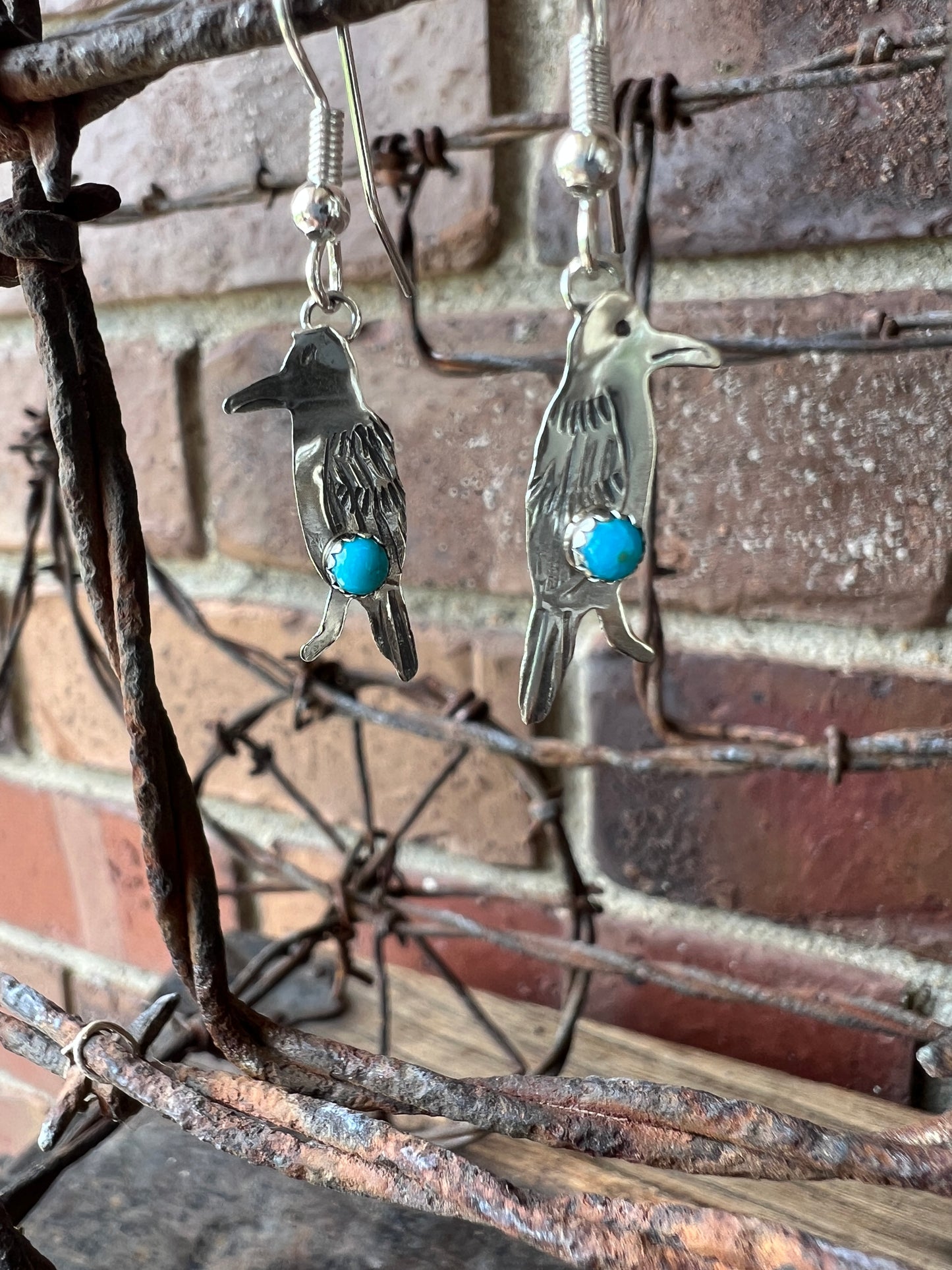 Dainty Handmade by Lucille Platero (Navajo) Turquoise & Sterling Silver Crow Earrings 1.5” Length