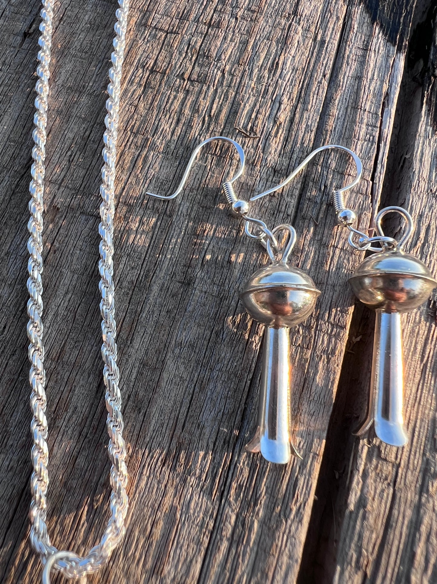 Sterling Silver Blossom Set. 10mm Bead Blossom Dangle Earrings 2” & Rope Necklace 16” w/ Blossom Pendant 1.2”