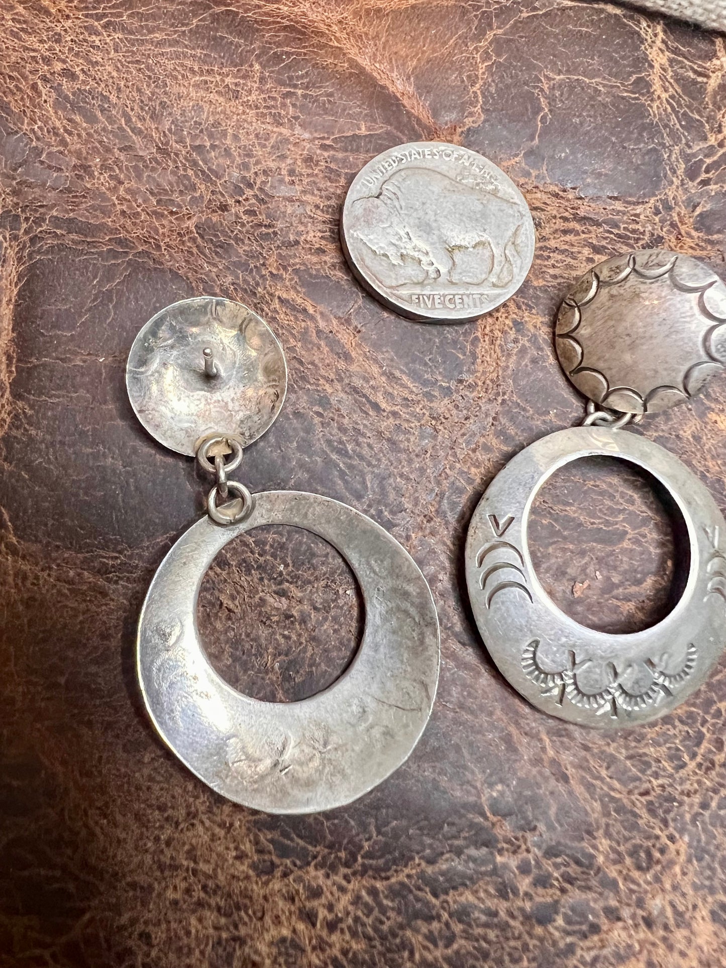 Vintage Handmade Sterling Silver Concho Post Dangle Hoops