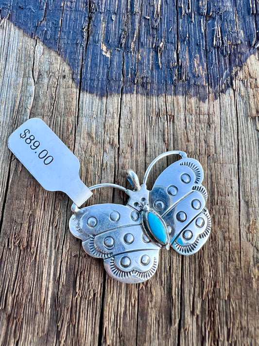 Native American Handmade by S. Jack- Sterling & Turquoise Butterfly Pendant 1”x1.5”