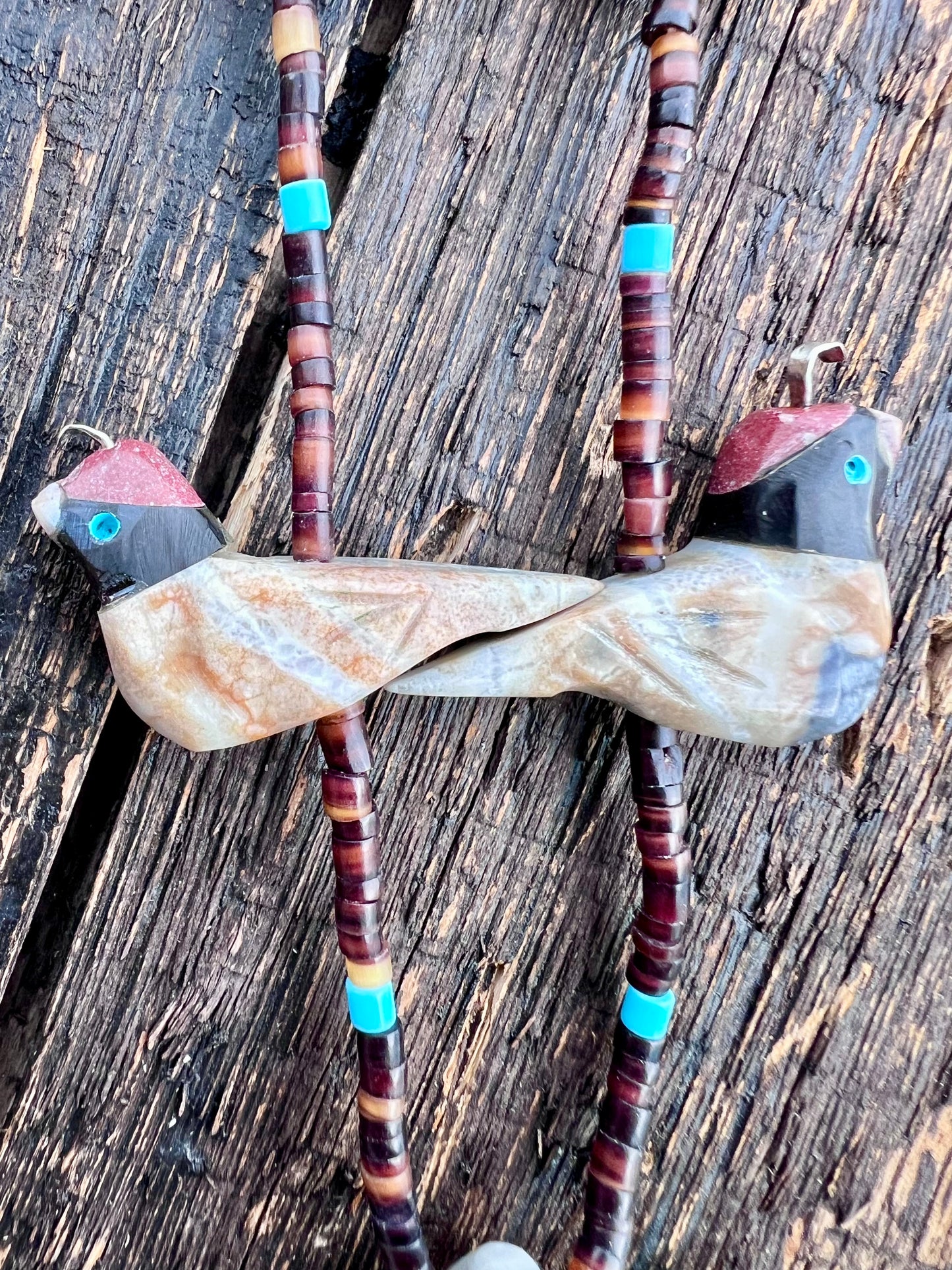 Matthew Mitchell Handmade Jasper Quail Fetish Earrings & Necklace 24”