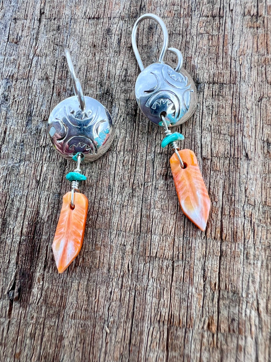 Native American Handmade by Meralla Castillo- Sterling, Orange Spiney & Turquoise 1.5”
