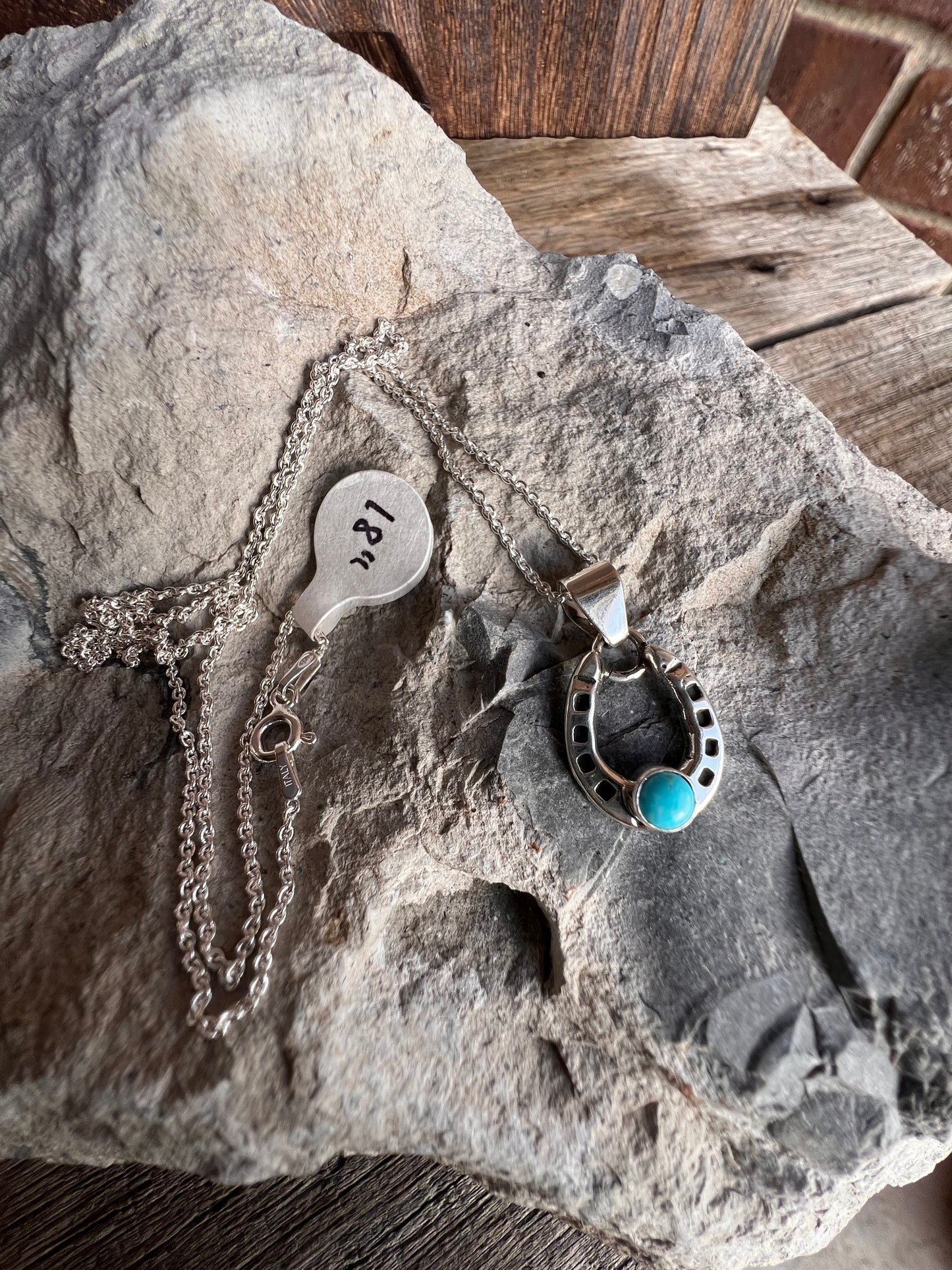 Handmade Turquoise Horse Shoe Pendant on a Sterling Rolo Chain Necklace 18”