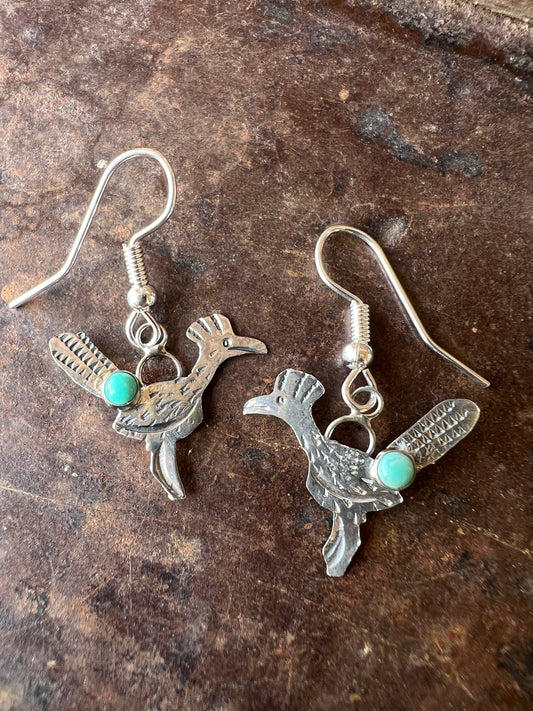 Dainty Handmade by Lucille Platero (Navajo) Turquoise & Sterling Silver Roadrunner Earrings 1.25” Length