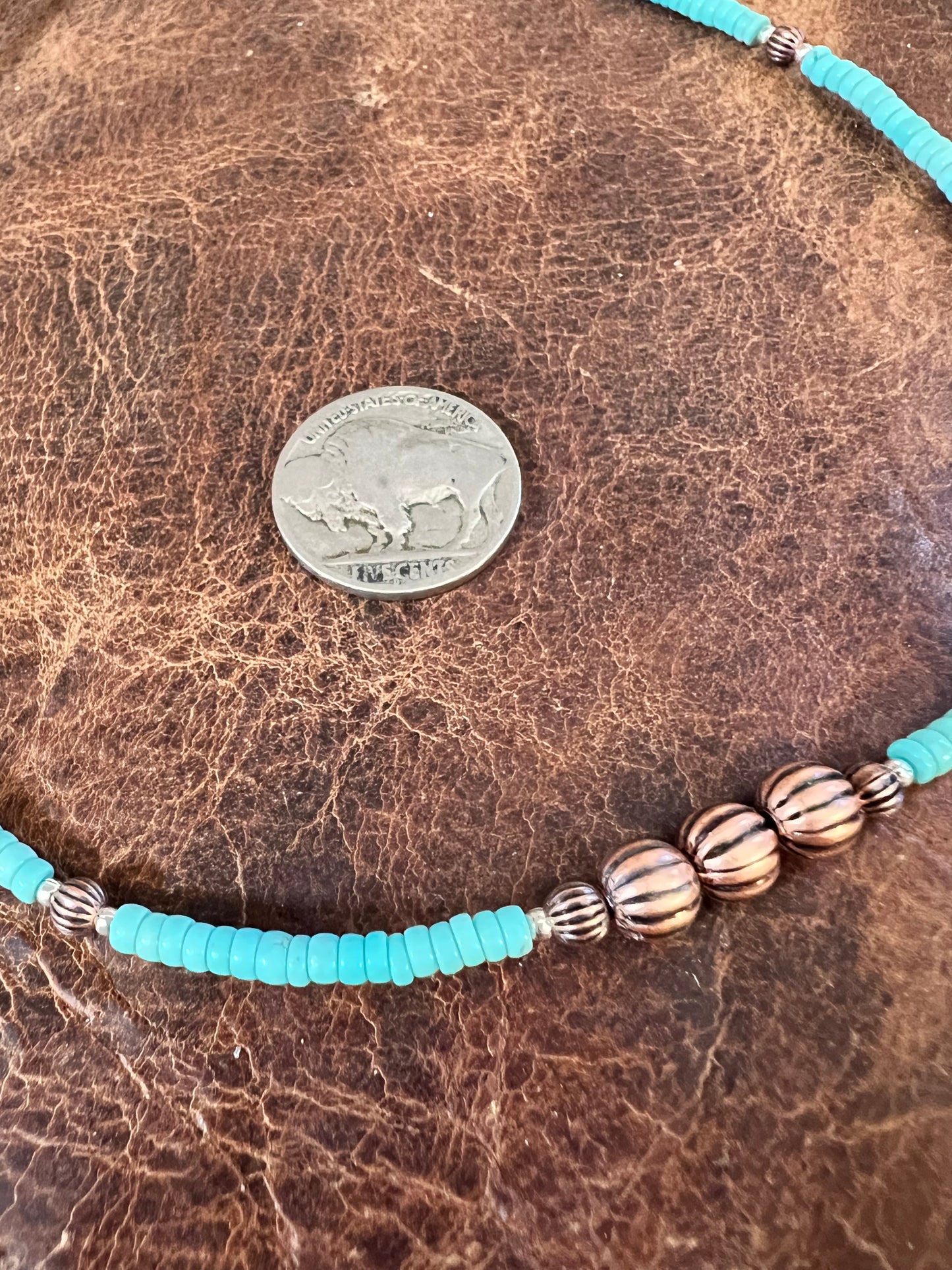 Copper & Campitos Turquoise 3-6mm Bead Necklace 14-16”