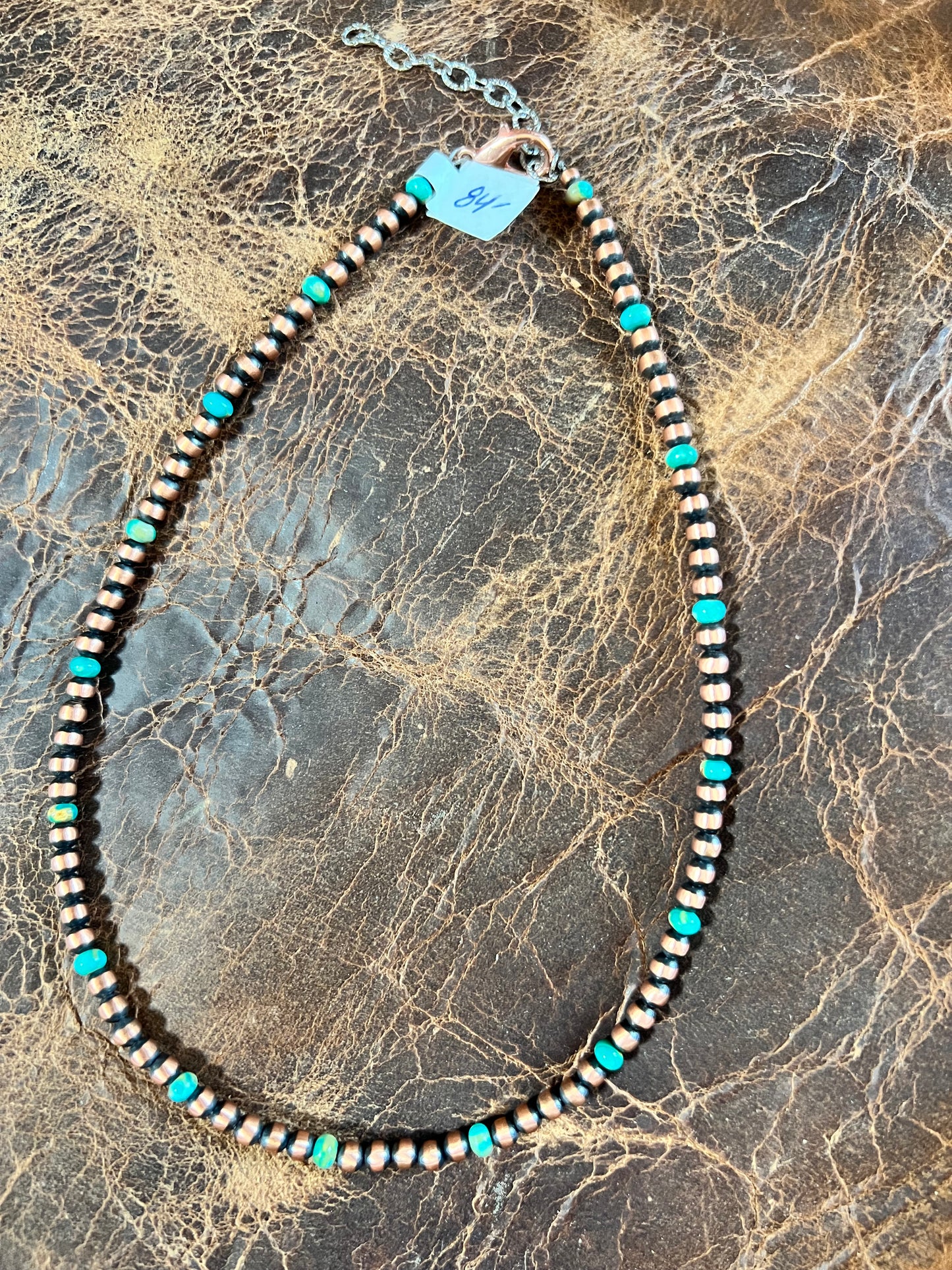 Oxidized Copper & Tyrone Turquoise 4mm Bead Necklace 14-16”