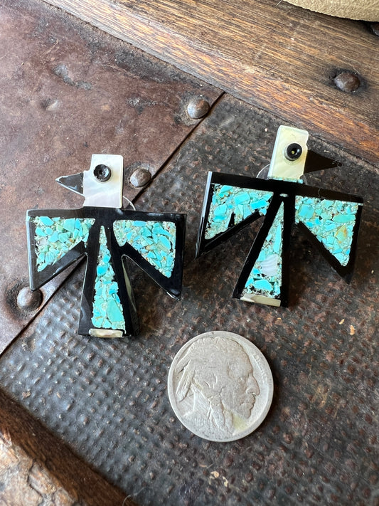 Native Santo Domingo Kewa Handmade by James Crespin. Turquoise, Mother of Pearl & Jet Thunderbird Post Earrings