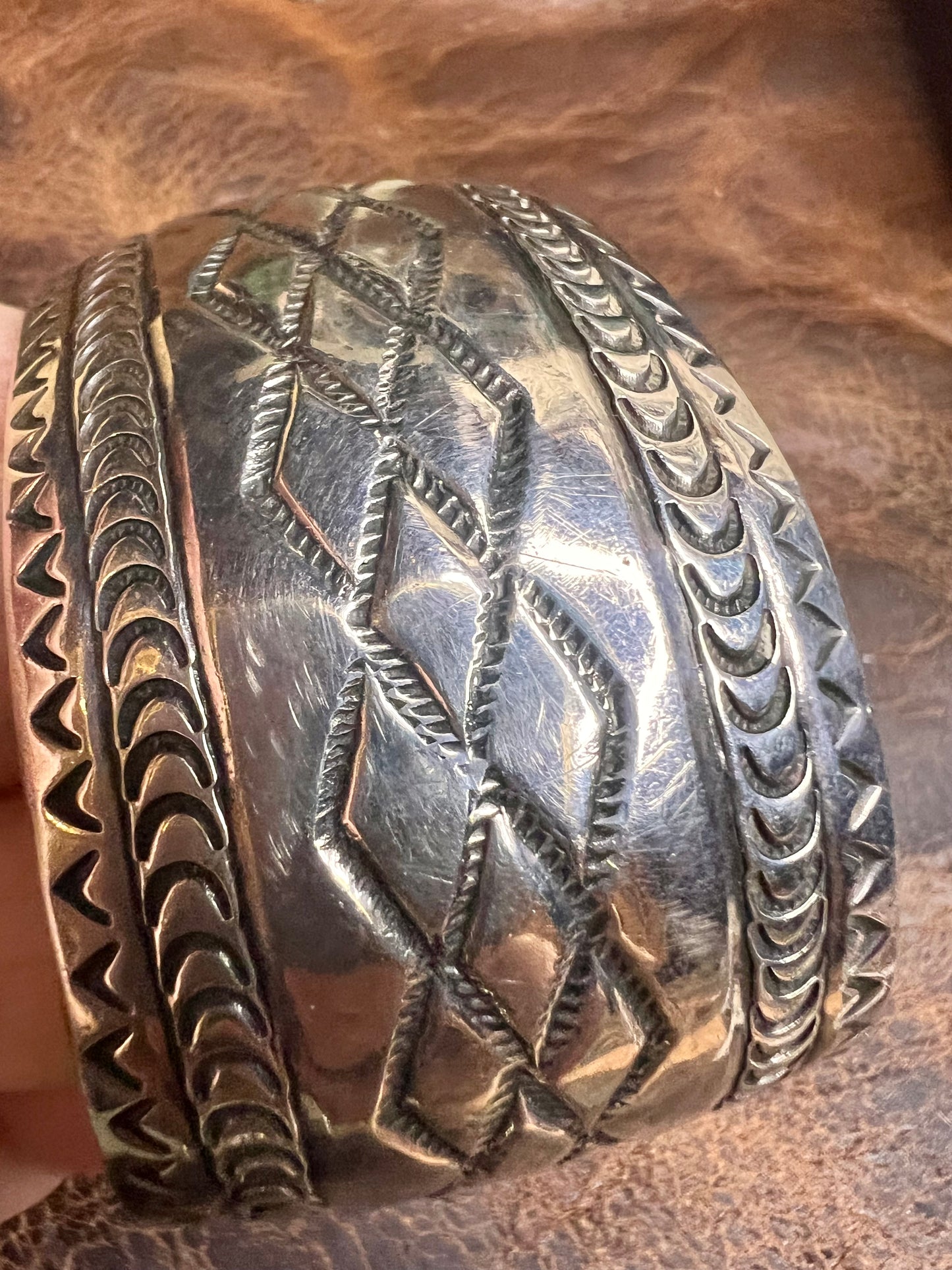 Vintage Heavy Navajo Handmade Sterling Silver Stamped Cuff Bracelet