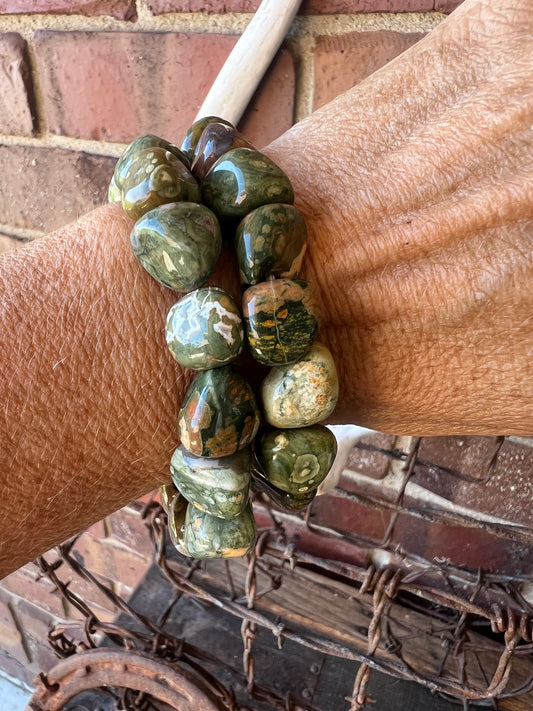 Rainforest Rhyolite Jasper Nugget Stretch Bracelet Size 7”
