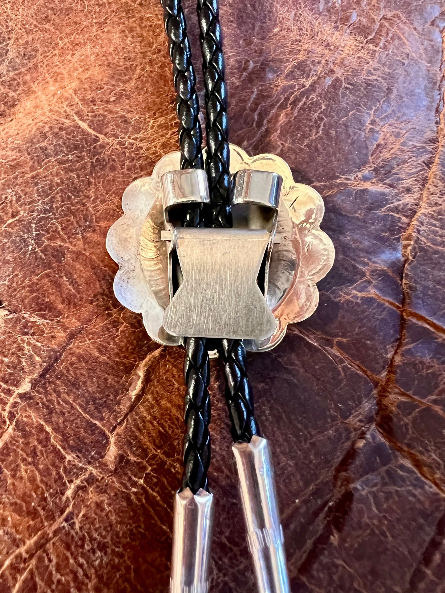 Navajo Handmade by Bertha Begay Scalloped Stamped Sterling Concho Bolo Necklace