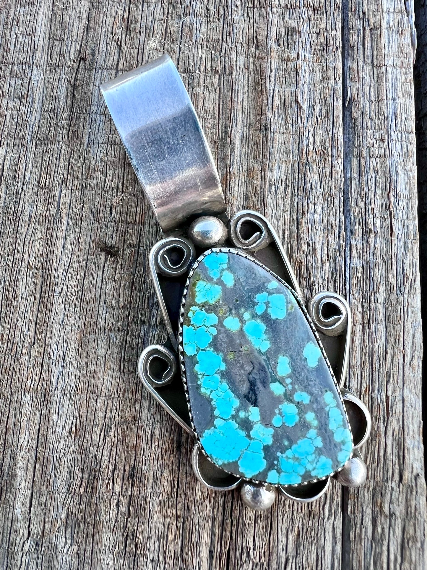 Native American Handmade Sterling & Turquoise Pendant 2 5/8” x 1.25”