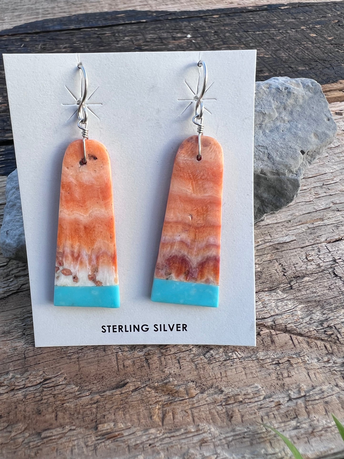 Handmade by Marcella Castillo- Orange Spiny & Turquoise Dangle Earrings 2.5” long