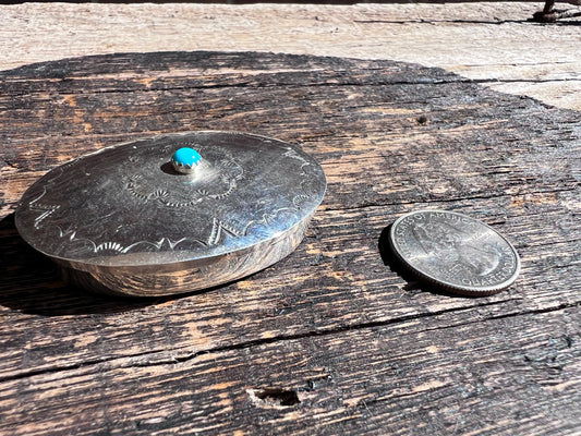 Sterling Silver w/Turquoise and Stamped Oval Pill/Trinket Box Navajo Handmade by Jeffery Castillo