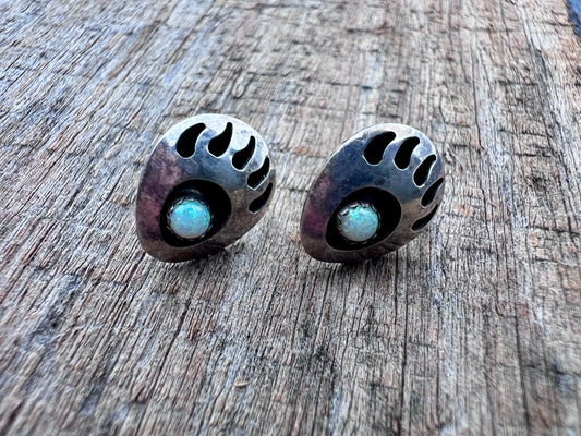 Vintage Native Navajo Handmade Sterling & Opal Bear Paw Post Earrings