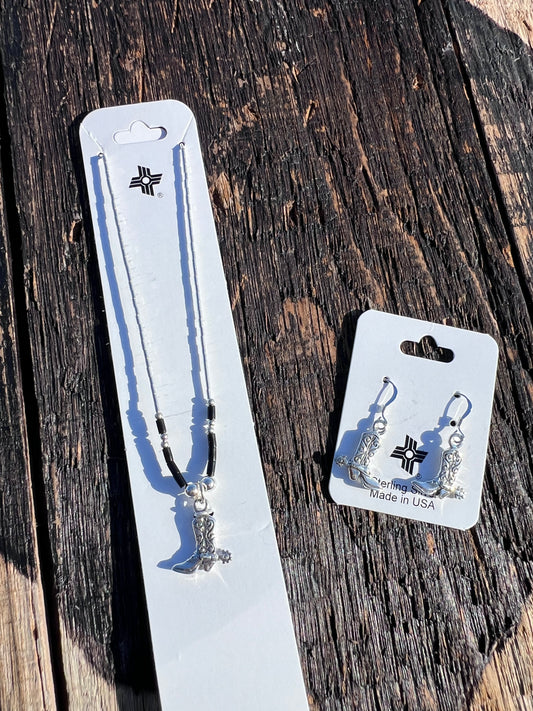 Liquid Sterling Silver & Black Jet Cowboy Boot(3/4”) Necklace 15.5” & Earrings 1 1/8”