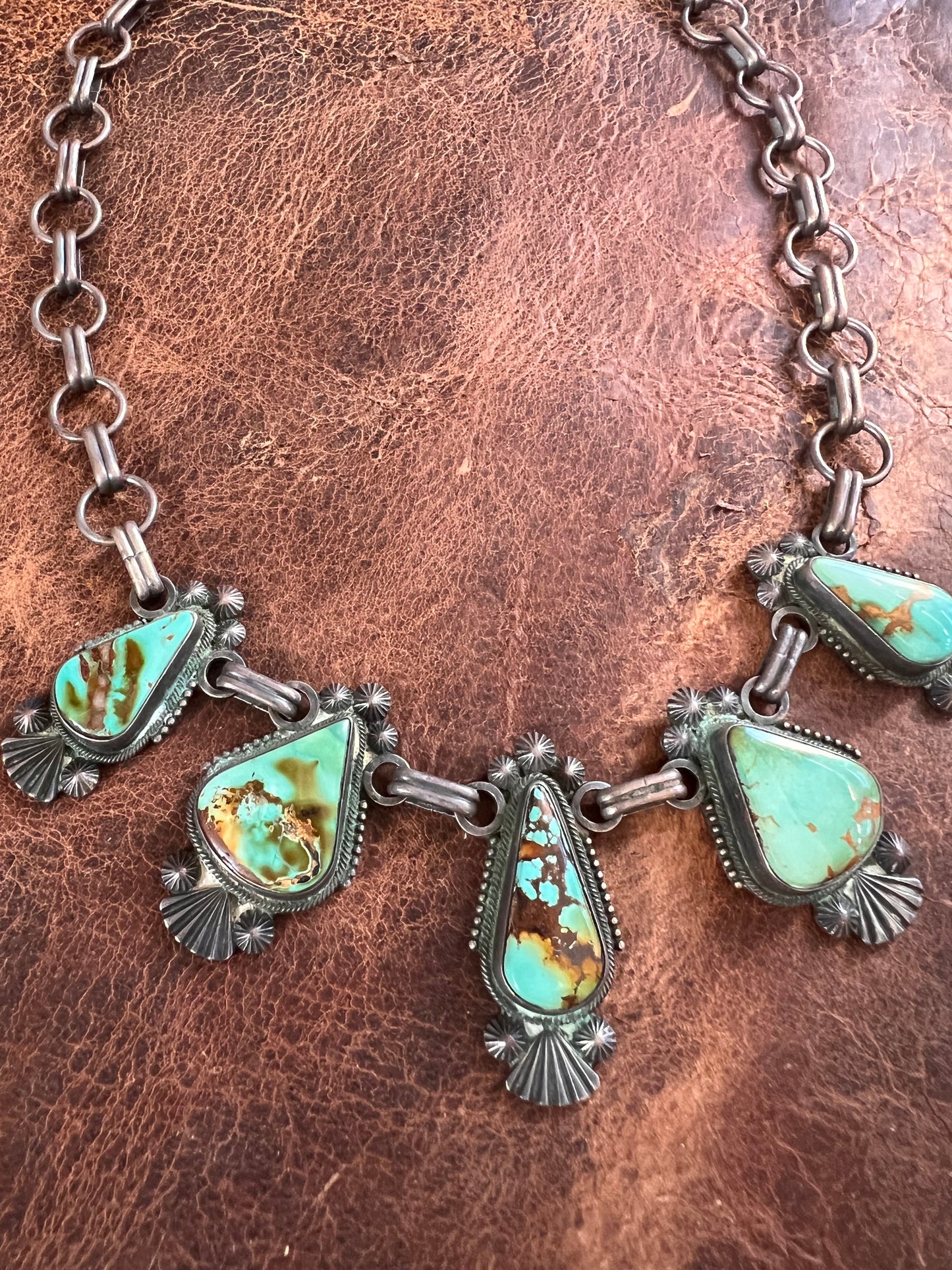 Vintage Handmade Royston 5-stone Turquoise Paperclip Chain Necklace by Navajo Silversmith, Stanley Parker. 17.5” Length