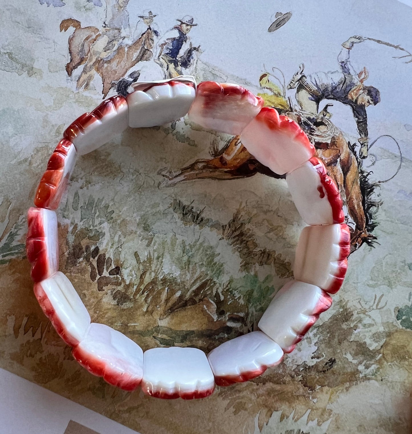 Red Spiny Oyster Carved Rose Stretch Bracelet Sz 6.5”