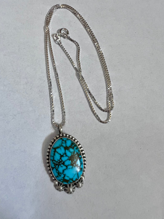Southwest Handmade Sterling Webbed Kingman Turquoise & Sterling Pendant 1.4” with Sterling Box Chain (made in Italy) 18”