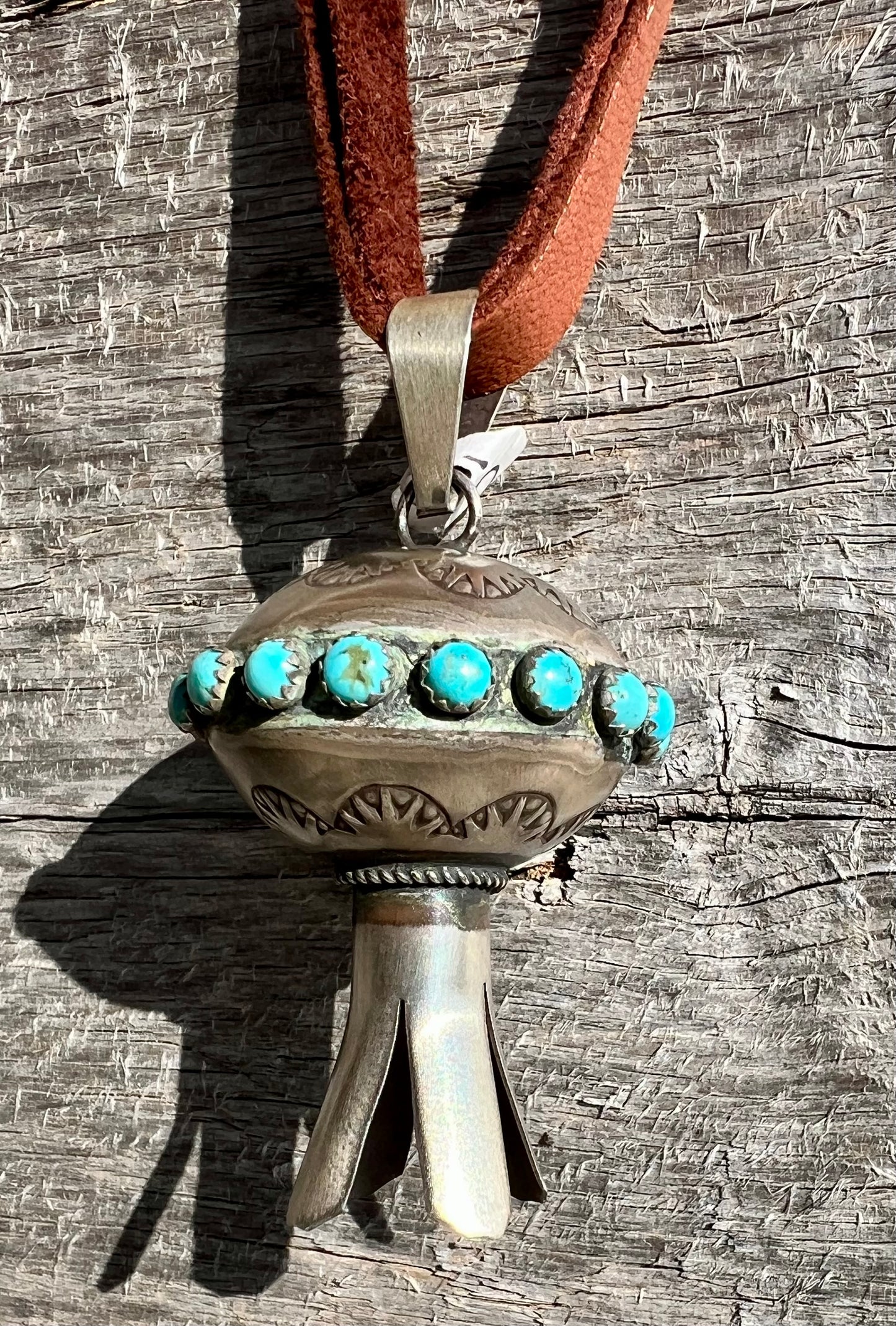 Navajo Handmade by the talented Monica Smith, Sterling Silver & Turquoise Stamped Blossom Pendant 2.4”