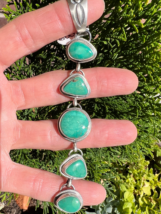 Fox Green Turquoise & Sterling Silver 5-stone Ladder Pendant.  Navajo Handmade by Calvin Pete
