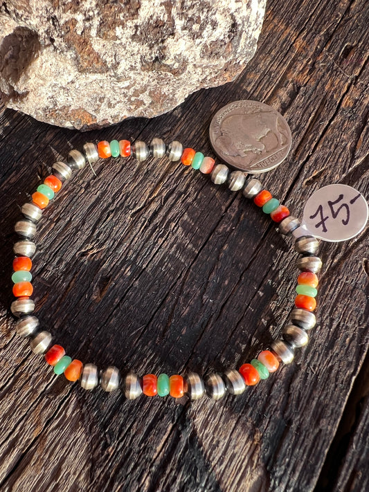 Southwest Sterling, Jade, Red/Orange Spiny Stretch Bracelet Sz 6.5”