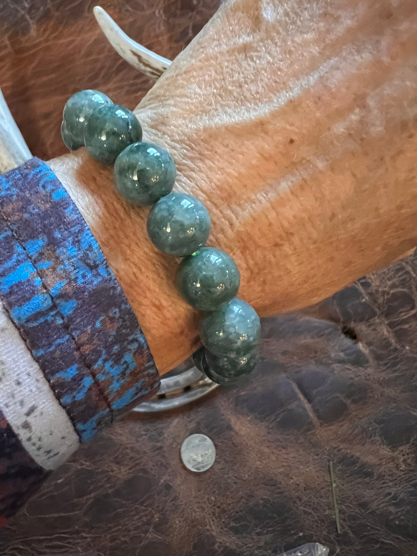 Green Jade Round Bead Stretch Bracelet Sz 7” 12mm