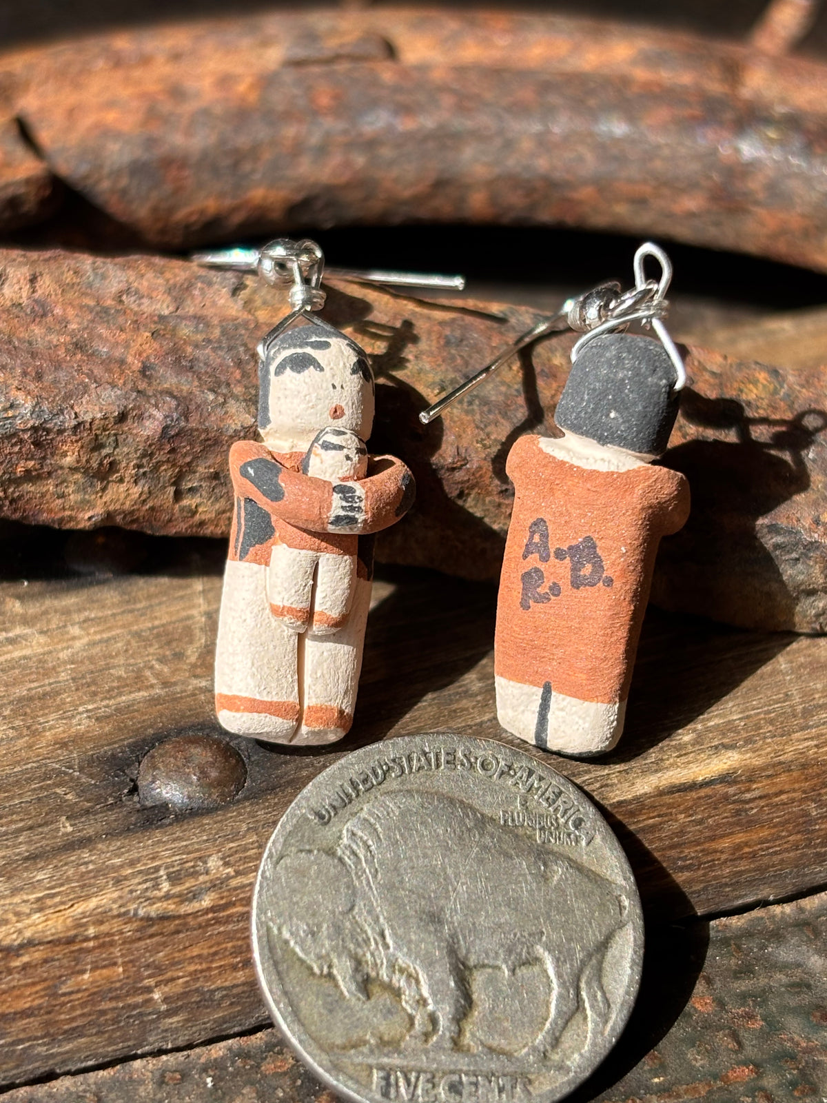 Native Handmade by Angel Bailon- Storyteller Pottery Dangle Pottery Earrings 1.8” long