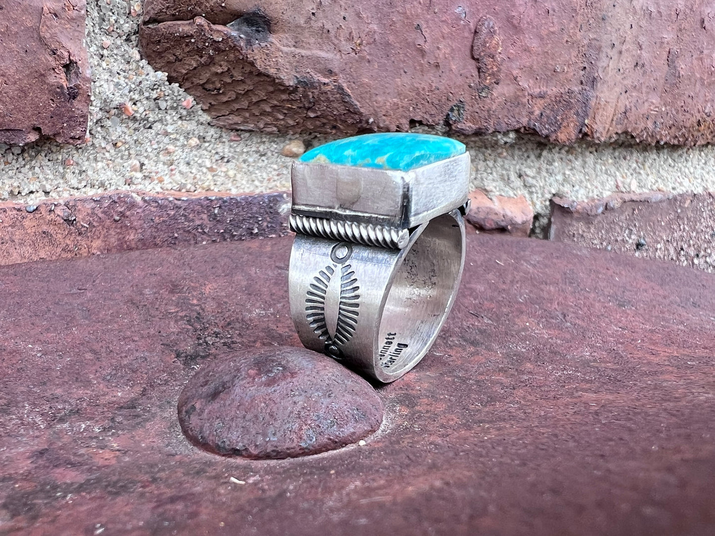 Native American Handmade By Ray Bennett. Sterling & Turquoise Square-stone Ring Sz 8