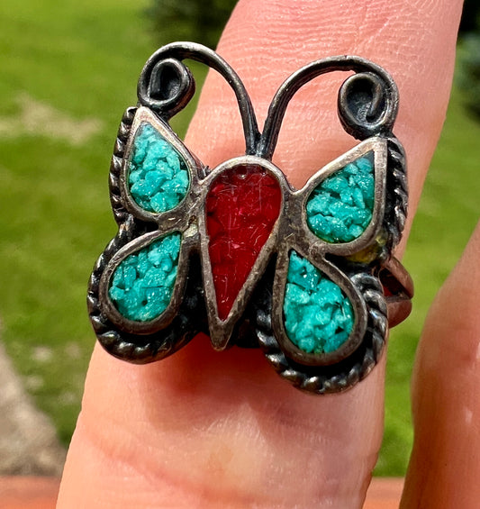 Vintage Native Handmade Sterling Silver, Turquoise & Coral Chip Inlay Butterfly Ring Sz 6