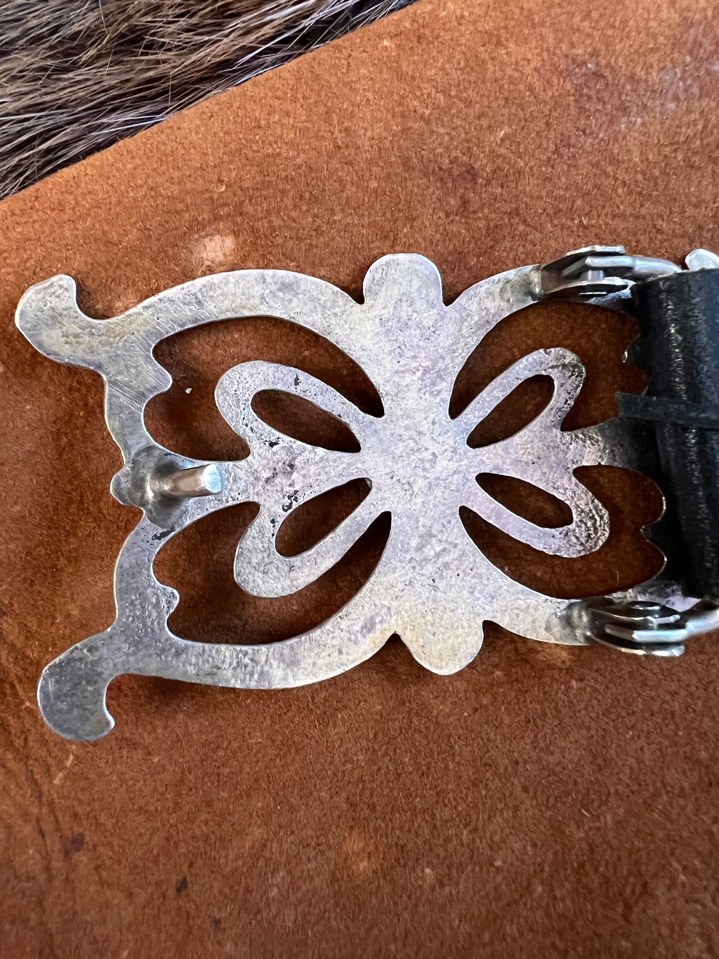 Vintage Navajo Handmade  Sterling Silver Sandcast Buckle Belt with Kingman Turquoise 35”