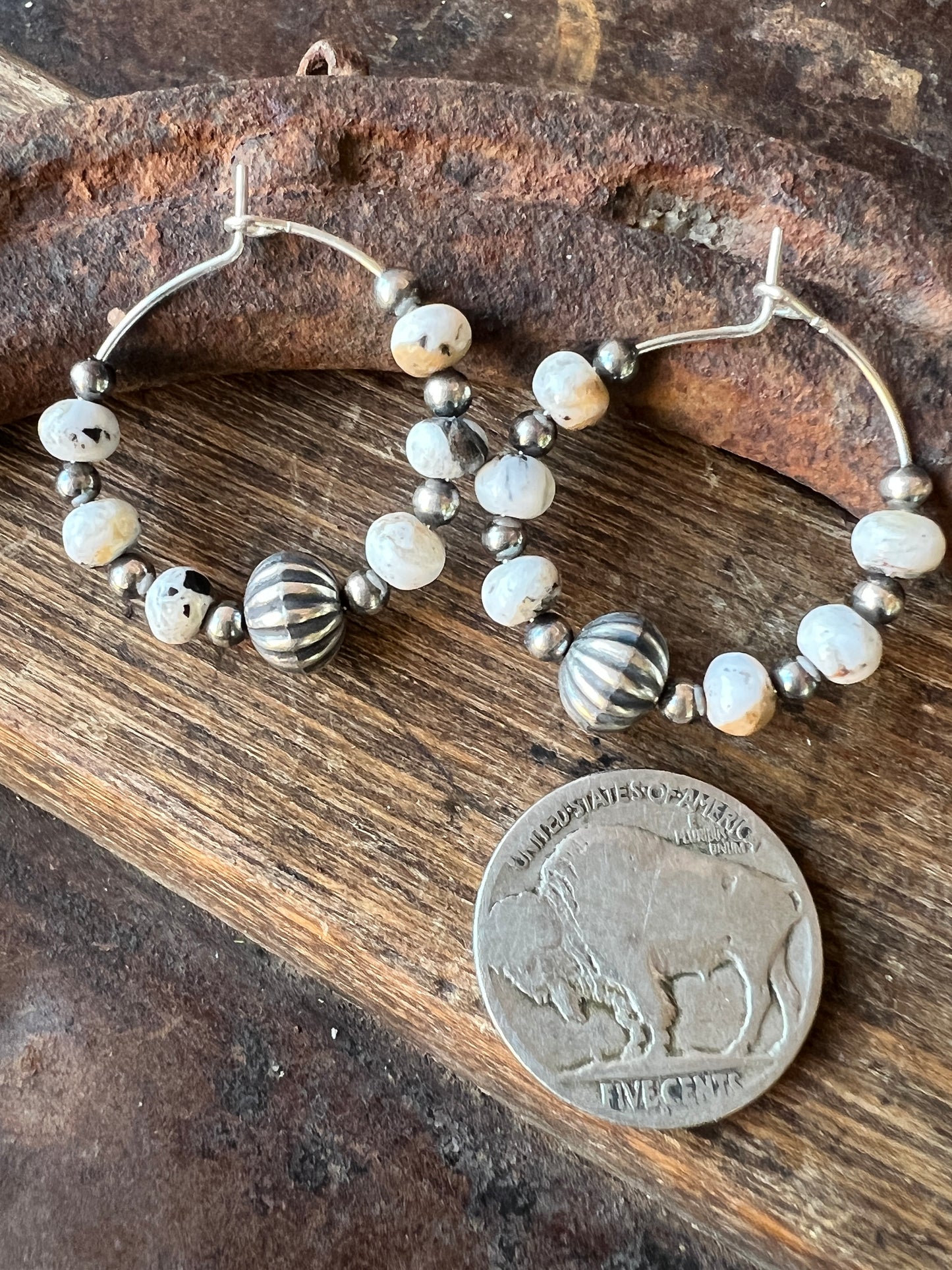 White Buffalo & Sterling Bead Hoop Earrings