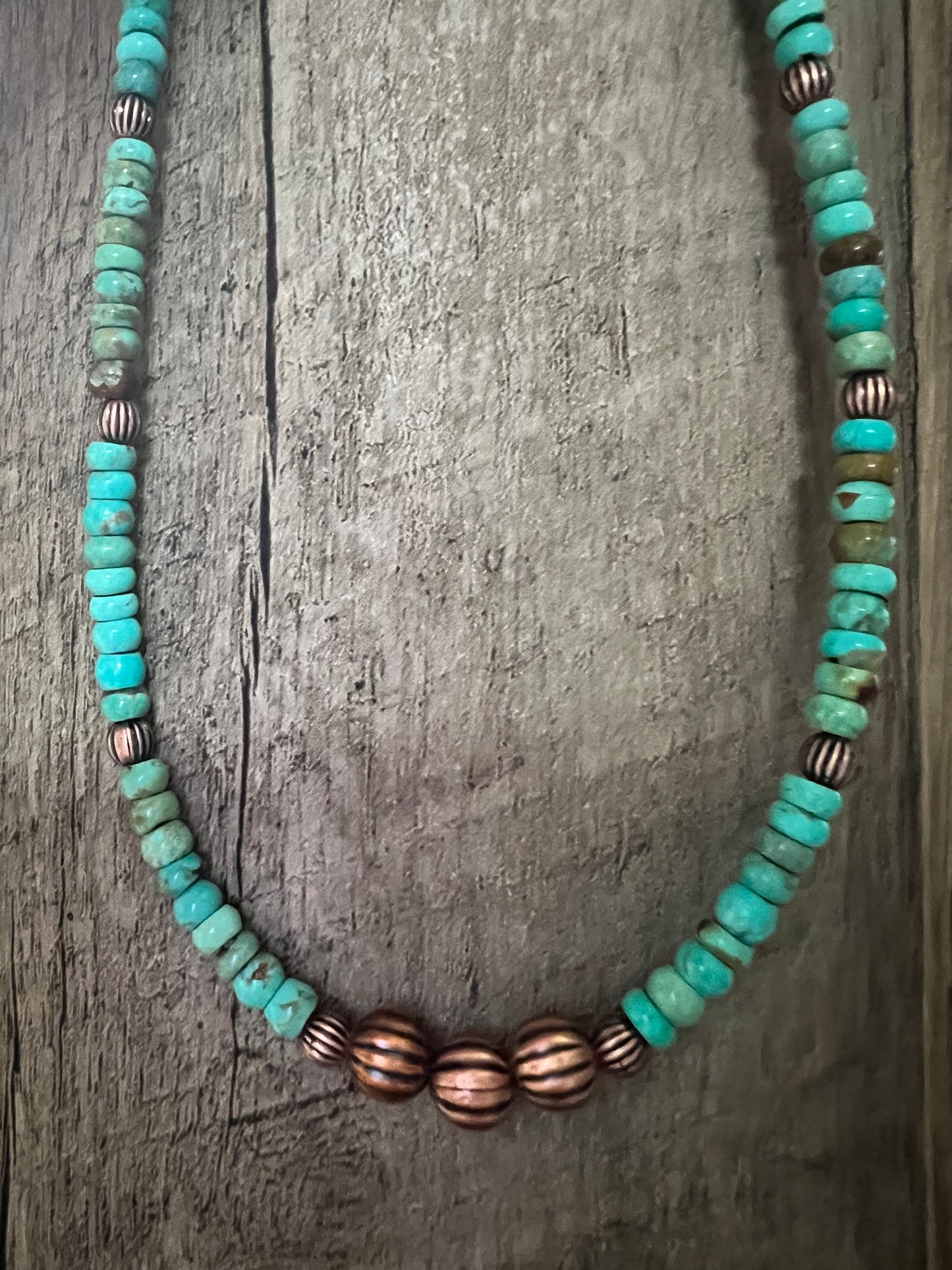 Copper & Carico Lake Turquoise Rondelle Bead Necklace 14-16”