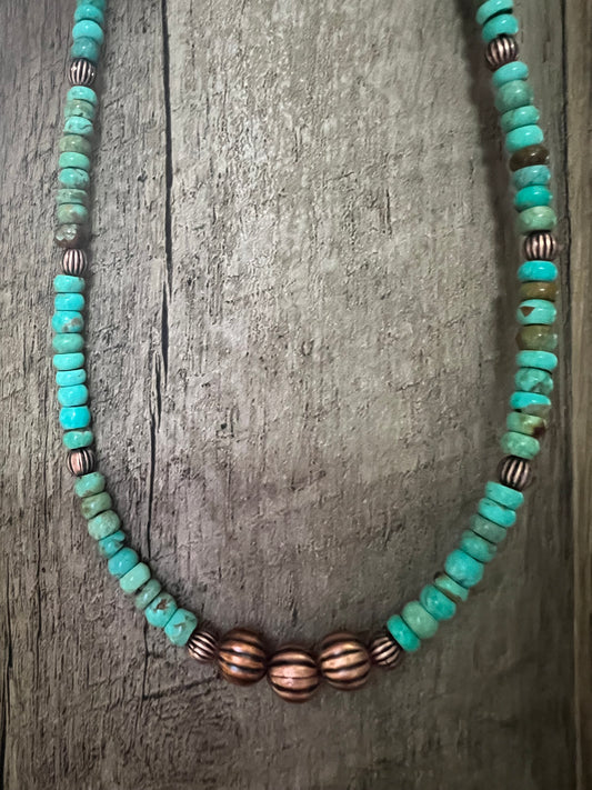 Copper & Carico Lake Turquoise Rondelle Bead Necklace 14-16”