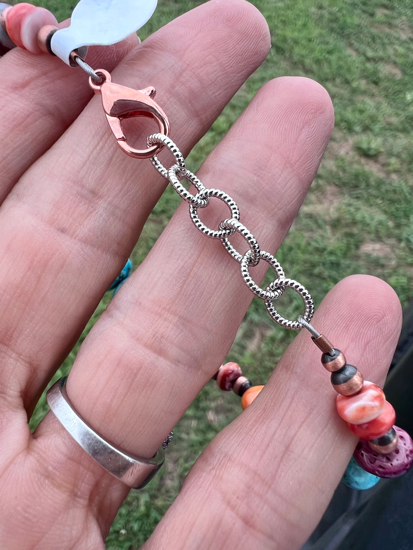 Copper, Orange/Red/Purple Spiny, Turquoise & Lapis Beaded 4-10mm Bracelet Sz 7-8”