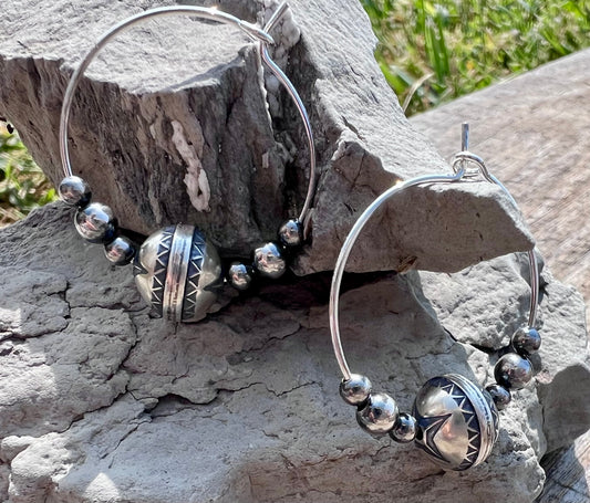 Sterling Silver 3-10mm Beads Hoop Earrings 1.2”