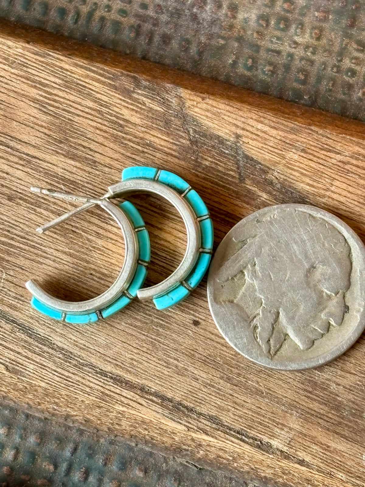 Vintage Native Handmade Sterling & Turquoise Inlay Hoop Post Earrings