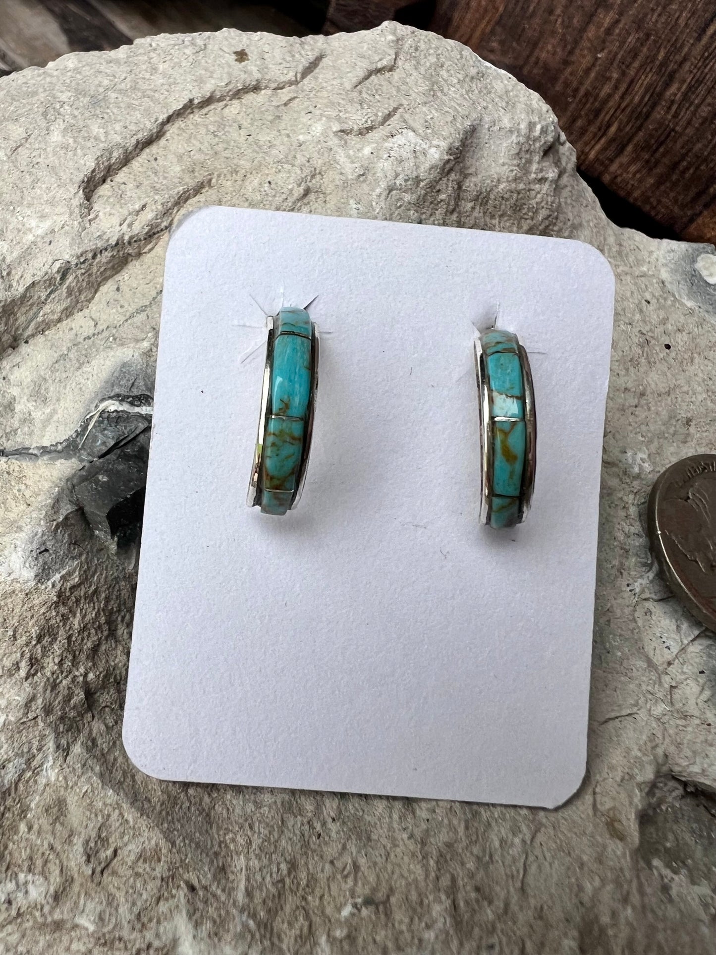 Handmade Sterling & Kingman Turquoise Inlay Half-hoop Post Earrings