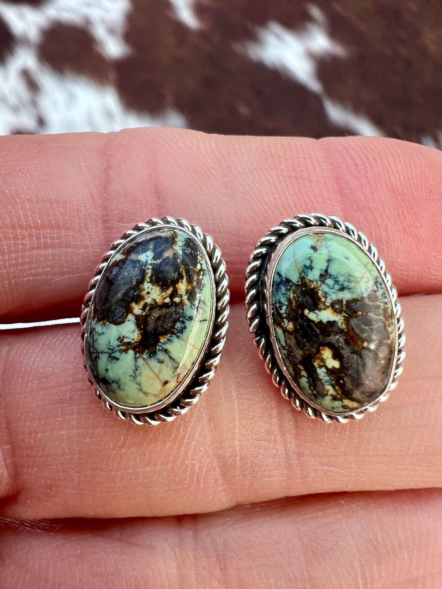 Native American Handmade Sterling & New Lander Variscite Post Earrings .6”x.4”